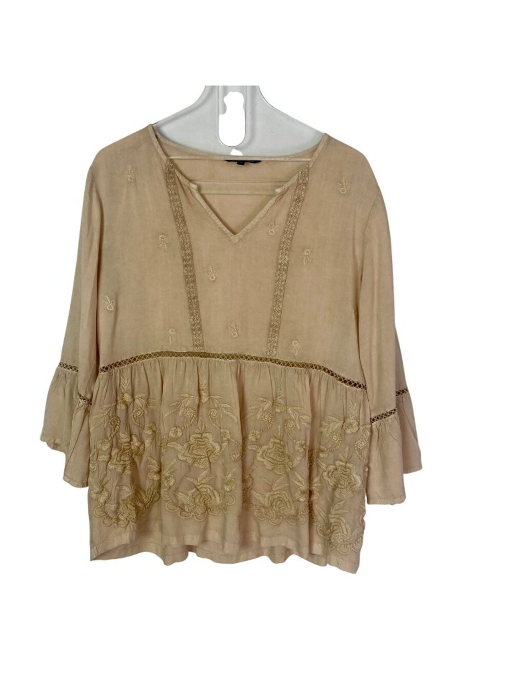 Spiaggia Dolce Beige Embroidered Peasant Blouse Top Medium Bell Sleeves Boho